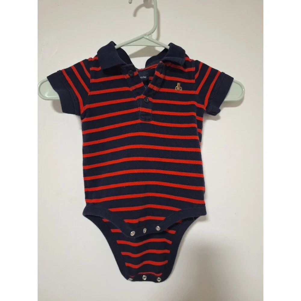 Baby Gap Boys Polo Romper 18-24 Months Navy Blue Red Striped Bodysuit‎